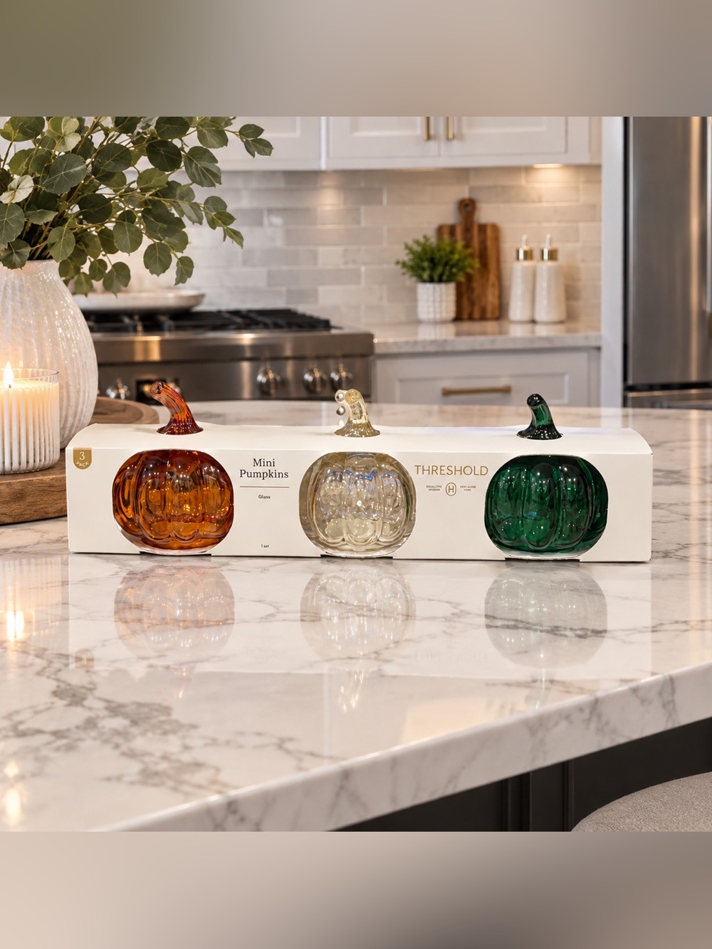 Threshold Fall Glass Pumpkins, Orange/Brown, Green & Clear (3 pack)